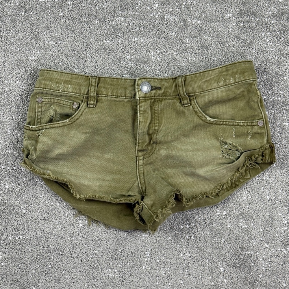 Free People Denim Shorts Womens 24 Olive Green Distressed Raw Hem Cut Offs